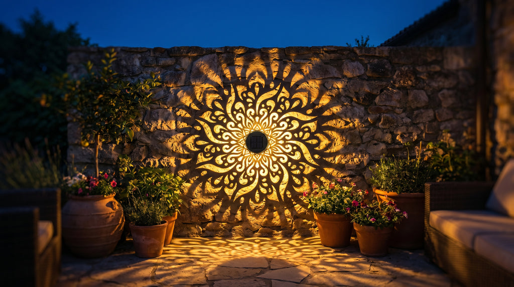 Coin de jardin illuminé par la lampe mandala, ambiance chaleureuse