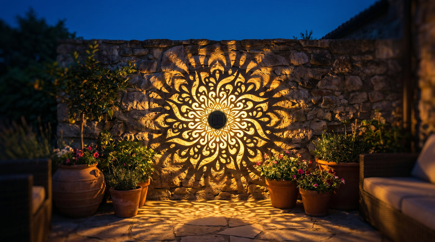 Coin de jardin illuminé par la lampe mandala, ambiance chaleureuse