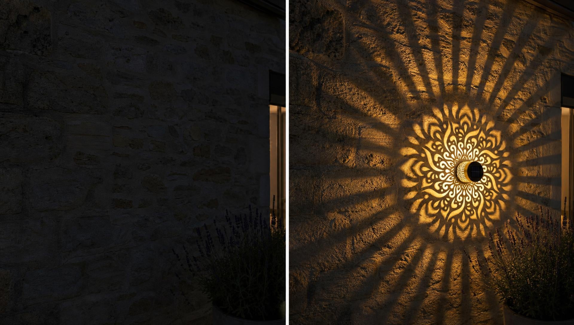 Avant / après : un mur nu, puis illuminé d'un grand mandala doré