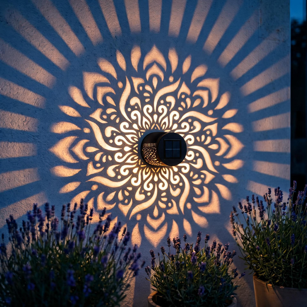 Mandala doré projeté sur un mur de pierre au crépuscule