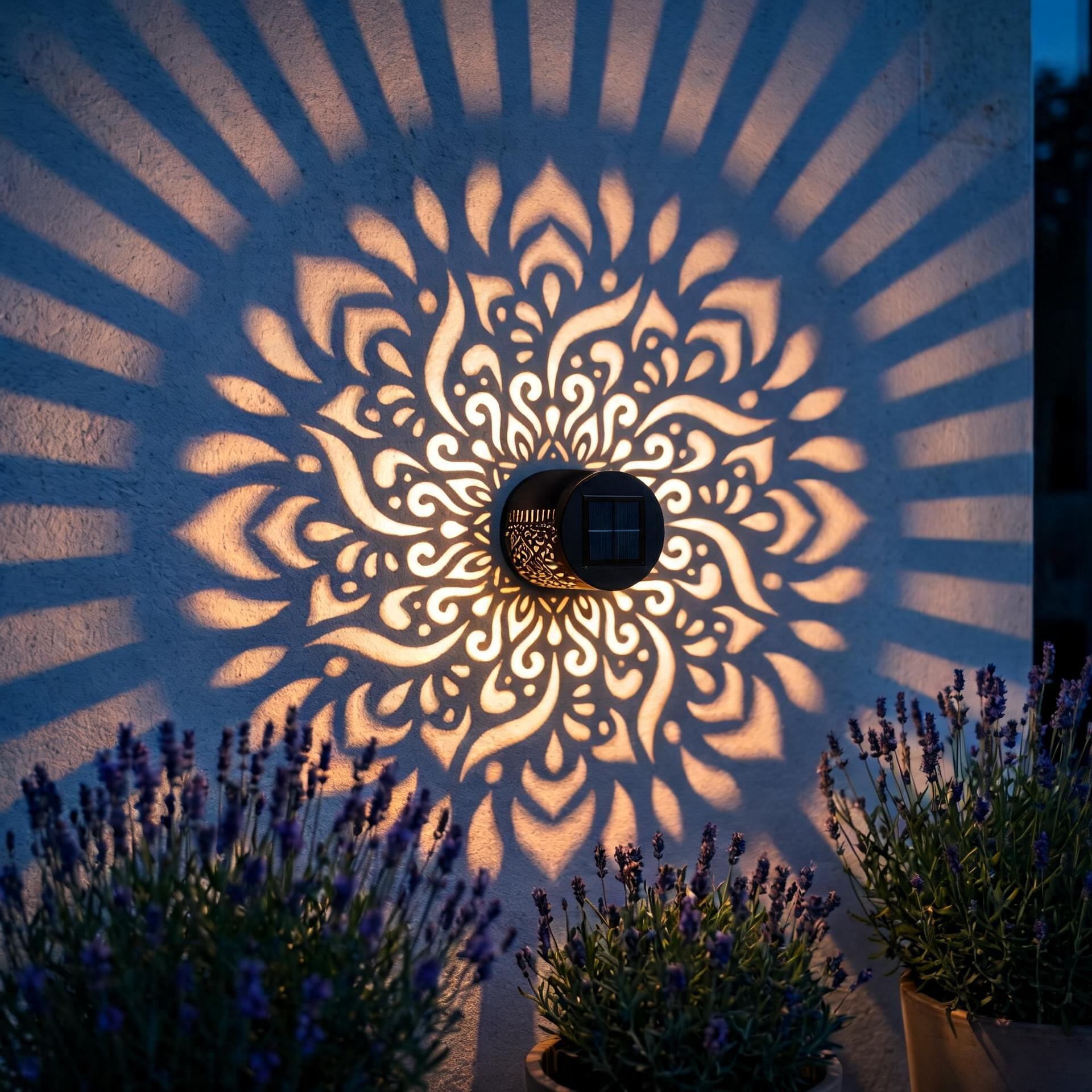 Mandala doré projeté sur un mur de pierre au crépuscule