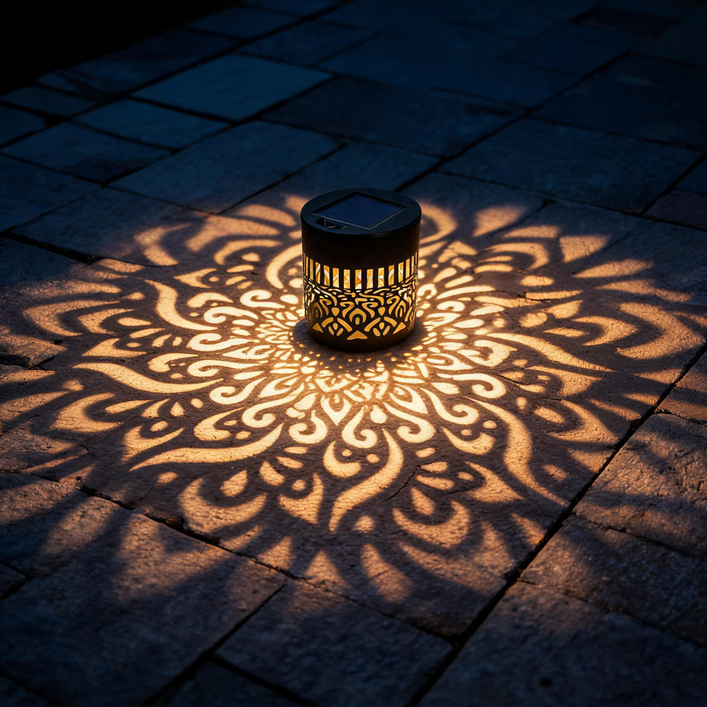 Mandala doré projeté sur une terrasse en pierre la nuit